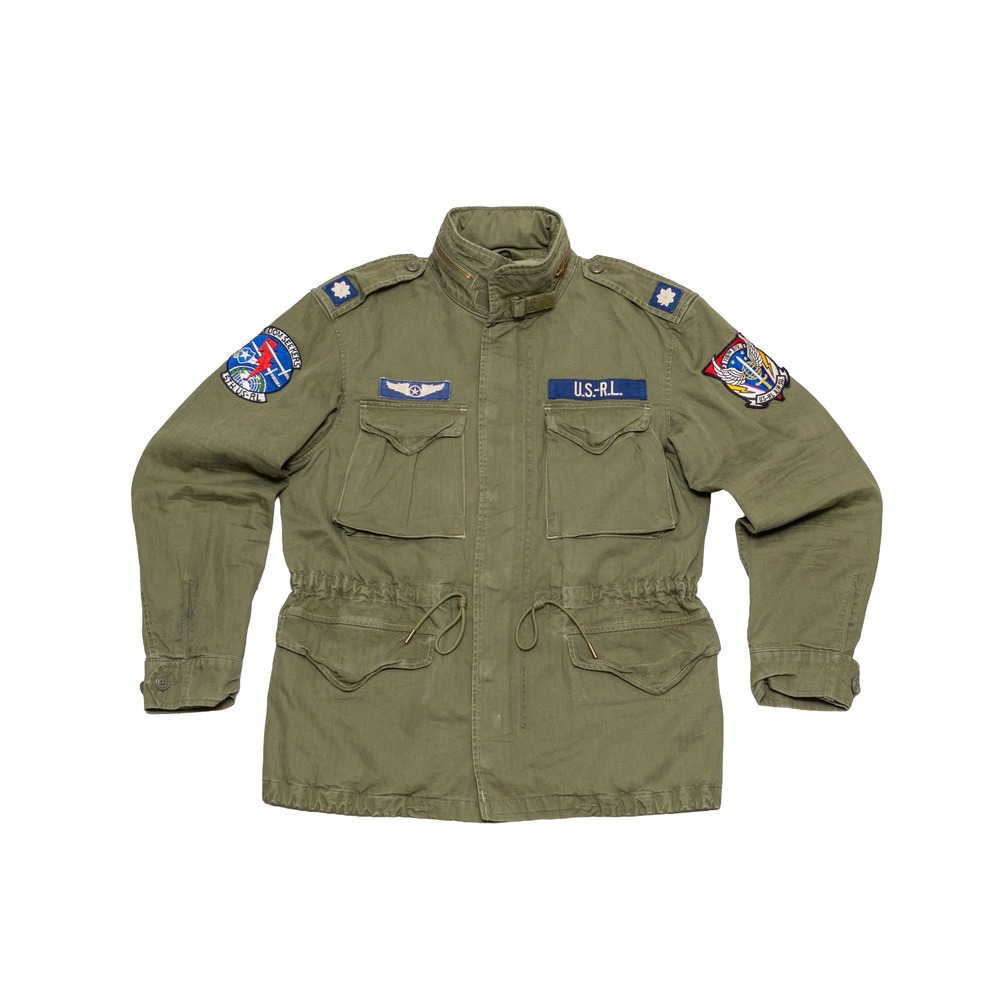 Polo Ralph Lauren Mens M-65 Military Field Jacket Olive Green Patches Medium